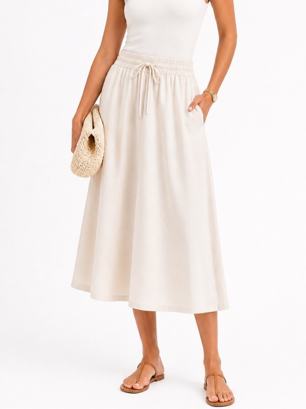 Spanx Sz XL Luxe Drape MIDI Skirt Cream Classic Minimalist Workwear Travel Boho